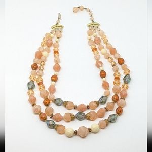 Vintage West Germany Peach and Iridescent Bead 3 Strand Necklace 16"